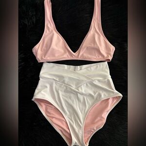 Elegant Aerie Pink and White high waisted bikini set,  XS bottom and S top.